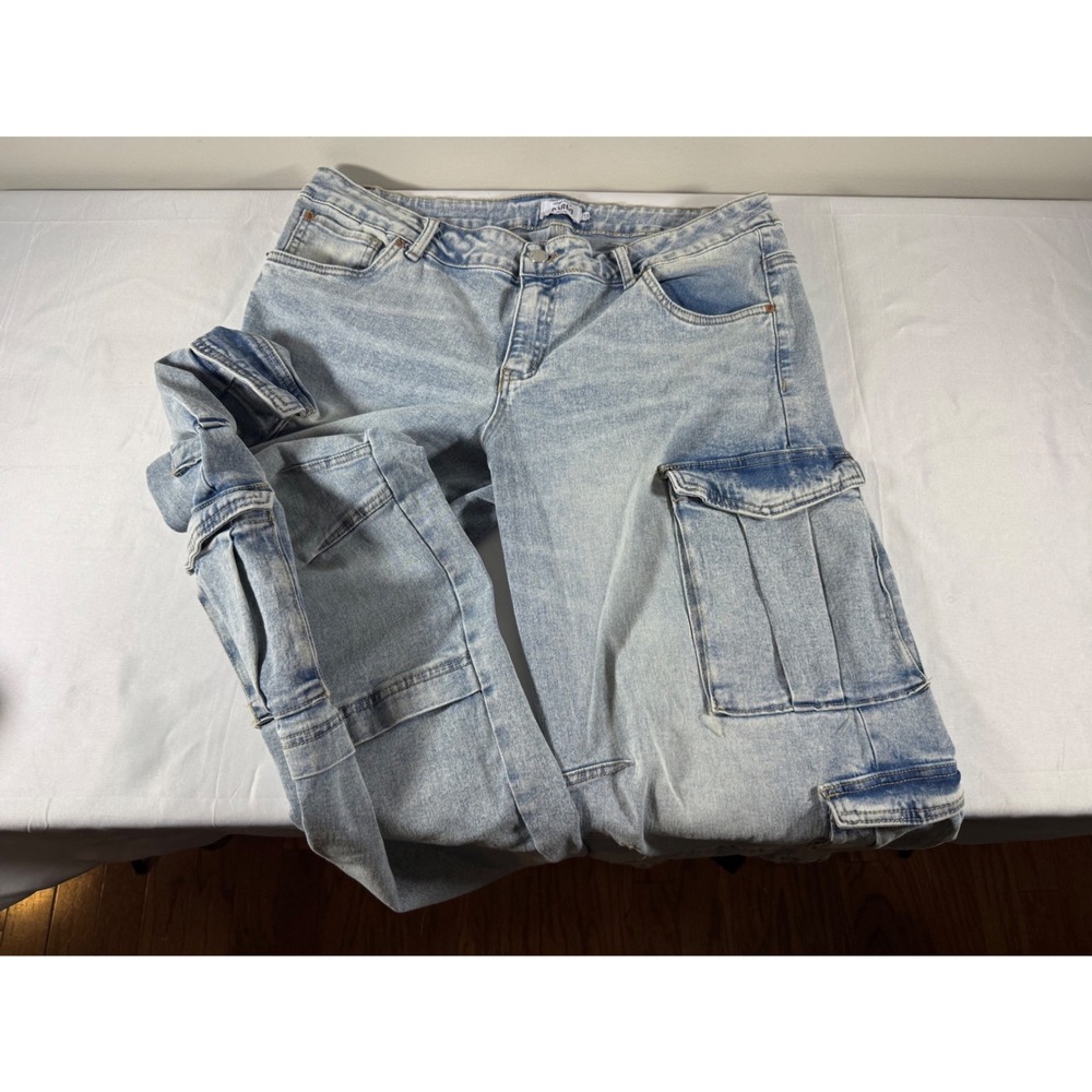 Refuge Denim Cargo Jeans Light Wash Wide Leg Utility Pants Size 13